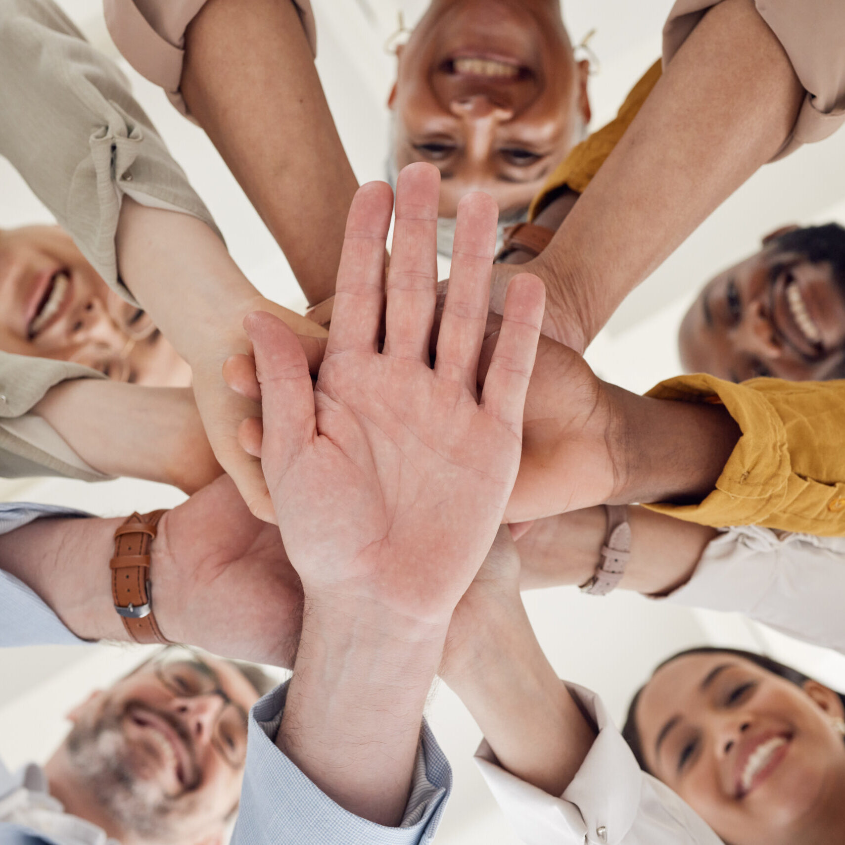 Hands, stack and team building, business people and support with winning, planning and mission, low angle and trust. Corporate community, success and solidarity, collaboration and palm with synergy.